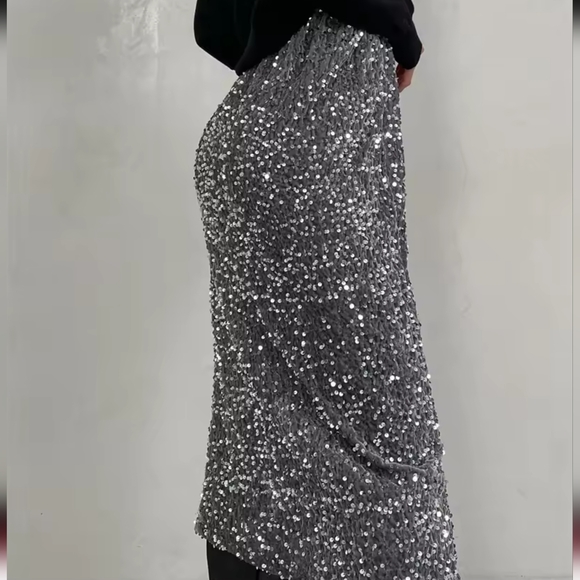 Silver Sequin Skirt Women Elegant Vintage Punk Evening Dress Slit Sexy - Picture 2 of 6